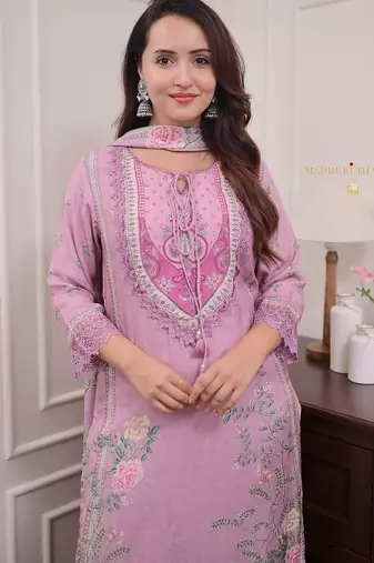 Floral embroidered pink round neck kurta set with trouser and dupatta