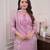 Floral embroidered pink round neck kurta set with trouser and dupatta
