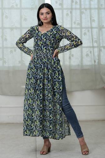 Green Fox Georgette Printed Kurta – Soft, Lightweight & Perfect for Daily Wear