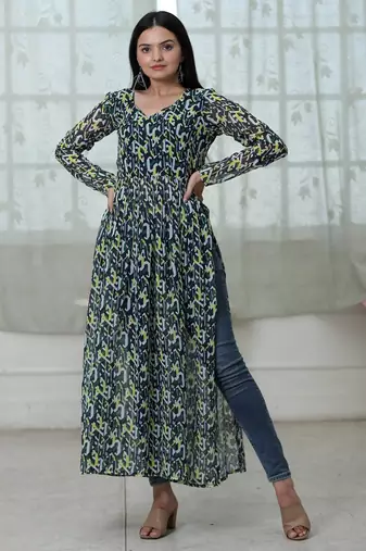 Green Fox Georgette Printed Kurta – Soft, Lightweight & Perfect for Daily Wear