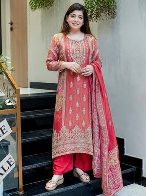 Floral embroidered red round neck kurta set with trouser and dupatta 1