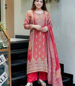 Floral embroidered red round neck kurta set with trouser and dupatta