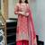 Floral embroidered red round neck kurta set with trouser and dupatta