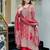 Floral embroidered red round neck kurta set with trouser and dupatta