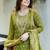 Floral embroidered green round neck kurta set with trouser and dupatta