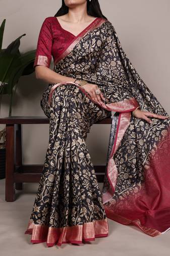 tussar art silk printed saree with viscose border