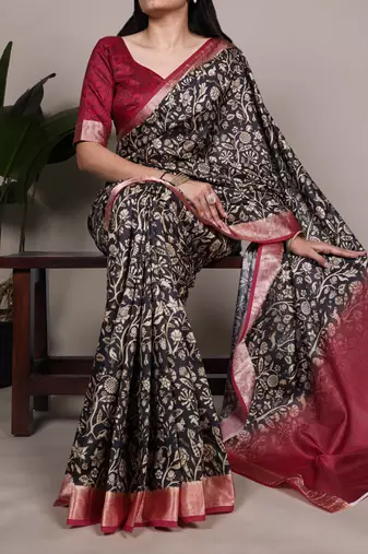 tussar art silk printed saree with viscose border