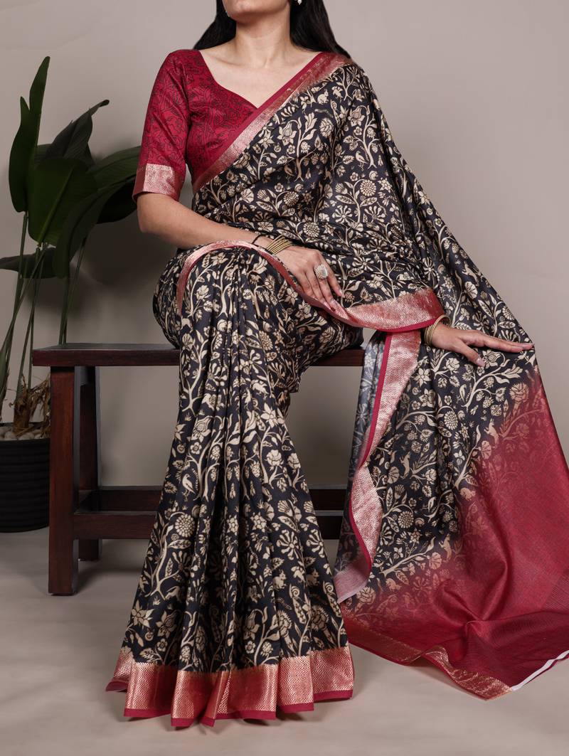 tussar art silk printed saree with viscose border