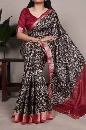 tussar art silk printed saree with viscose border