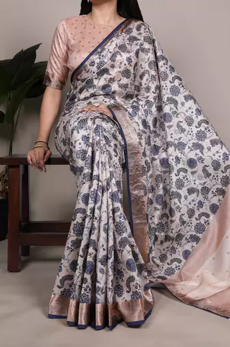 tussar art silk printed saree with viscose border
