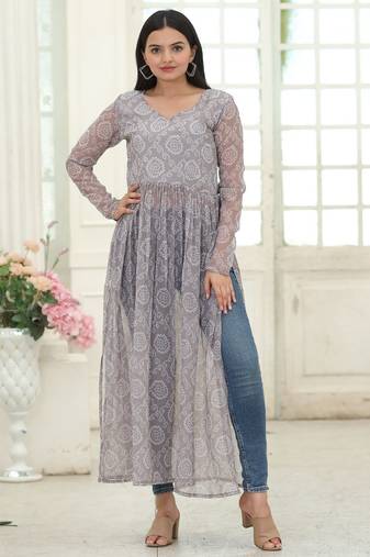 Grey Fox Georgette Printed Kurta – Lightweight & Elegant Everyday Wear