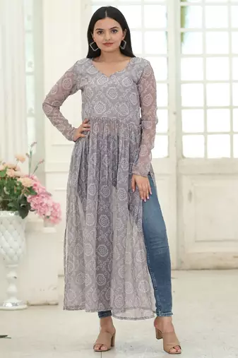 Grey Fox Georgette Printed Kurta – Lightweight & Elegant Everyday Wear