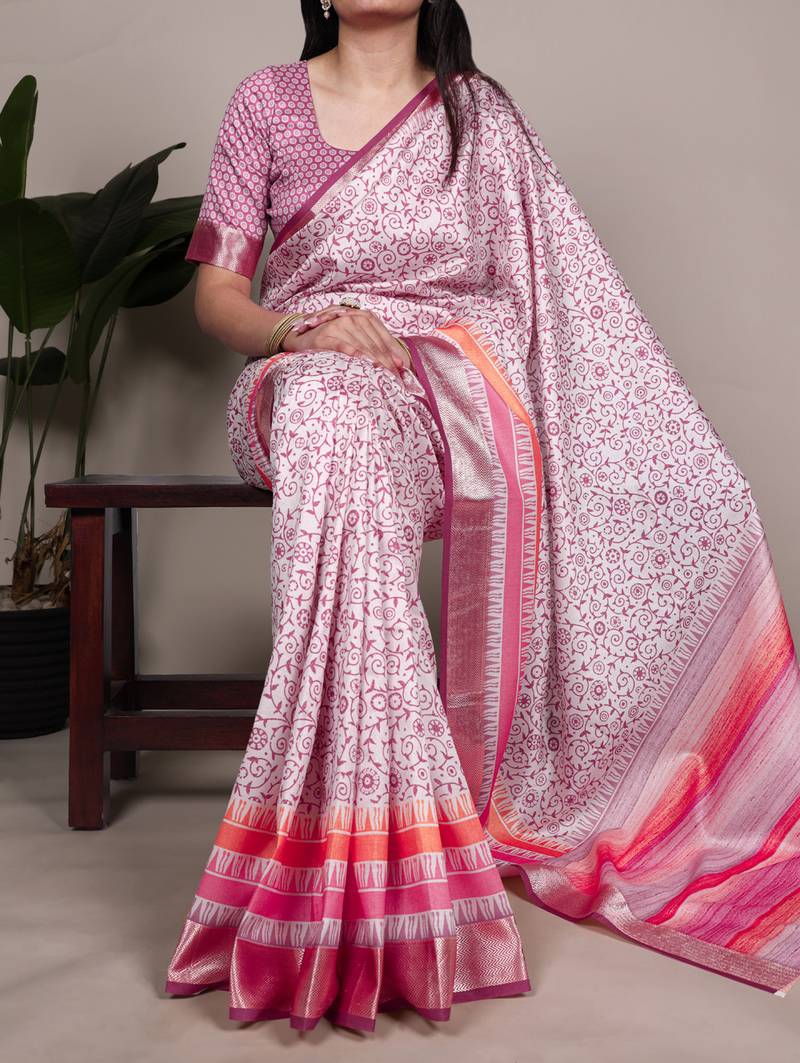 tussar art silk printed saree with viscose border