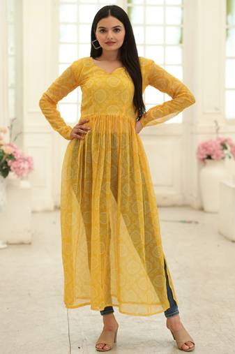 Yellow Fox Georgette Printed Kurta – Lightweight & Stylish Daily Wear