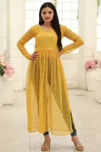 Yellow Fox Georgette Printed Kurta – Lightweight & Stylish Daily Wear