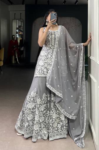 Star Georgette Sharara Pair with Sequins & Thread Embroidery
