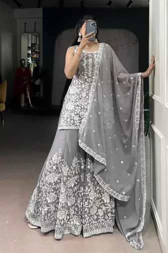 Star Georgette Sharara Pair with Sequins & Thread Embroidery