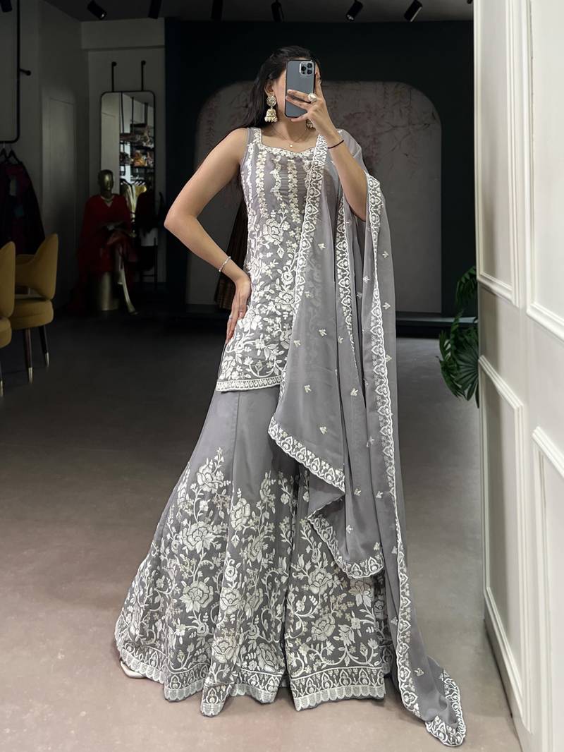 Star Georgette Sharara Pair with Sequins & Thread Embroidery