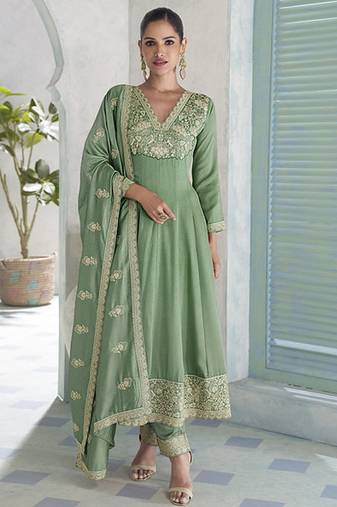 Parrot green premium silk embroidered sequence anarkali suit