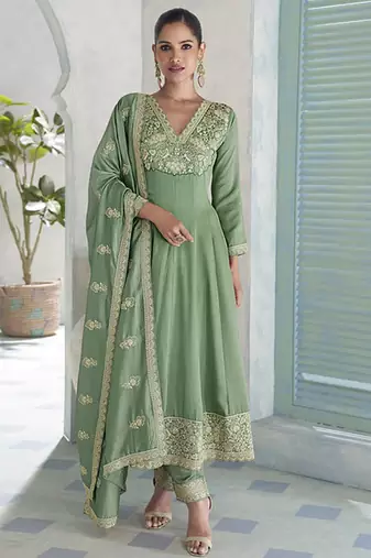 Parrot green premium silk embroidered sequence anarkali suit