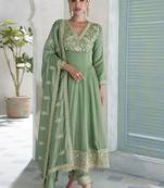 Parrot green premium silk embroidered sequence anarkali suit