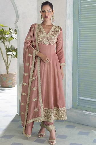 Peach premium silk embroidered sequence anarkali suit