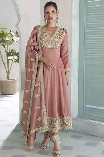 Peach premium silk embroidered sequence anarkali suit