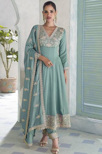 Sky blue premium silk embroidered sequence anarkali suit