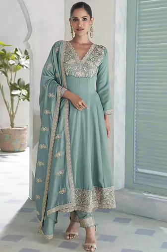 Sky blue premium silk embroidered sequence anarkali suit