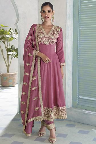 Onion pink premium silk embroidered sequence anarkali suit