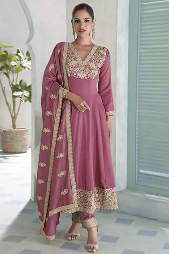 Onion pink premium silk embroidered sequence anarkali suit