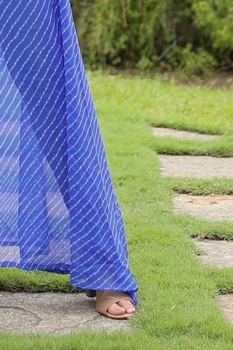 Faux Georgette Embroidered & Printed Kurta – Blue | Semi-Stitched Up to Size 42