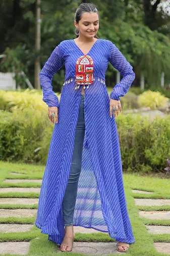 Faux Georgette Embroidered & Printed Kurta – Blue | Semi-Stitched Up to Size 42