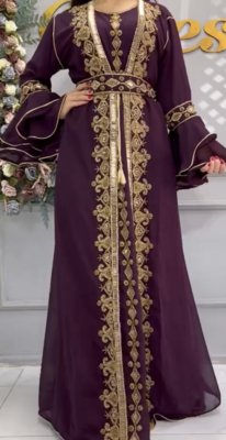  Purple Moroccan-Style Embroidered Stitched Kaftan with Gold Zari Work & Belt 1