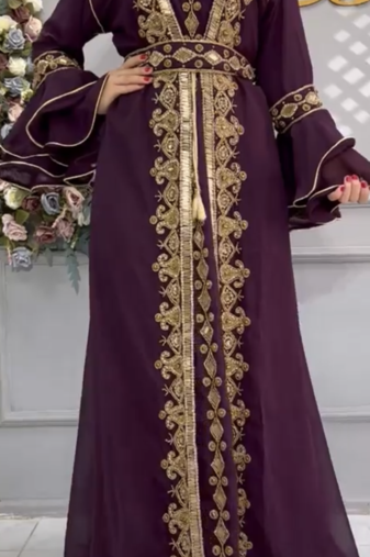  Purple Moroccan-Style Embroidered Stitched Kaftan with Gold Zari Work & Belt