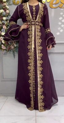  Purple Moroccan-Style Embroidered Stitched Kaftan with Gold Zari Work & Belt 2