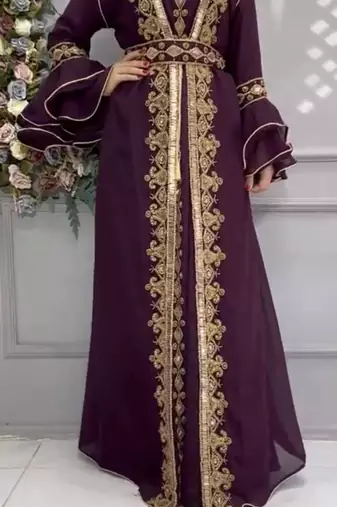  Purple Moroccan-Style Embroidered Stitched Kaftan with Gold Zari Work & Belt