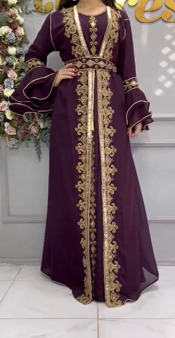  Purple Moroccan-Style Embroidered Stitched Kaftan with Gold Zari Work & Belt