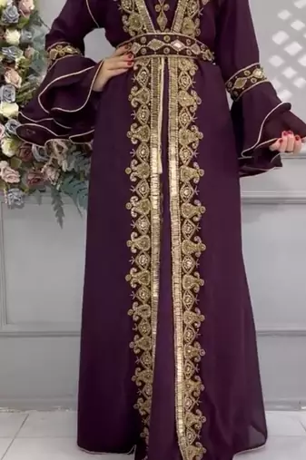  Purple Moroccan-Style Embroidered Stitched Kaftan with Gold Zari Work & Belt