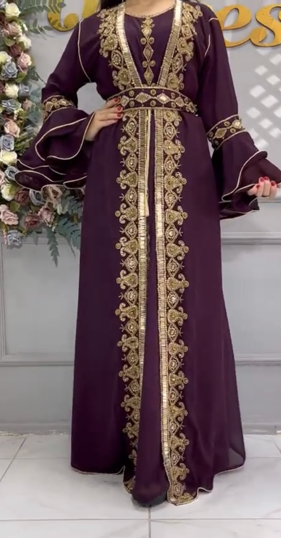  Purple Moroccan-Style Embroidered Stitched Kaftan with Gold Zari Work & Belt