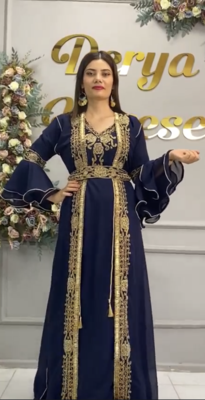 Navy Blue Moroccan Embroidered Stitched Kaftan with Handwork Heavy Golden Zari Work & Belt 1