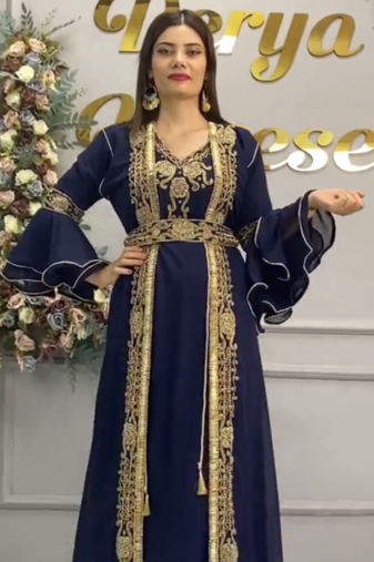 Navy Blue Moroccan Embroidered Stitched Kaftan with Handwork Heavy Golden Zari Work & Belt