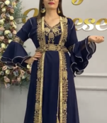 Navy Blue Moroccan Embroidered Stitched Kaftan with Handwork Heavy Golden Zari Work & Belt