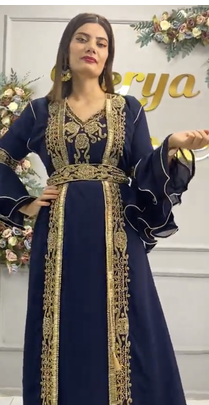 Navy Blue Moroccan Embroidered Stitched Kaftan with Handwork Heavy Golden Zari Work & Belt 2
