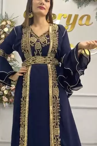 Navy Blue Moroccan Embroidered Stitched Kaftan with Handwork Heavy Golden Zari Work & Belt