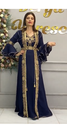 Navy Blue Moroccan Embroidered Stitched Kaftan with Handwork Heavy Golden Zari Work & Belt 3