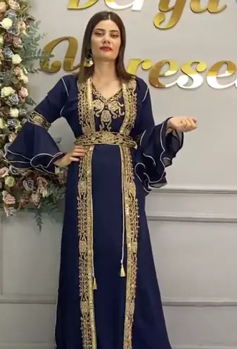 Navy Blue Moroccan Embroidered Stitched Kaftan with Handwork Heavy Golden Zari Work & Belt