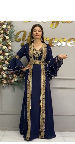 Navy Blue Moroccan Embroidered Stitched Kaftan with Handwork Heavy Golden Zari Work & Belt 4