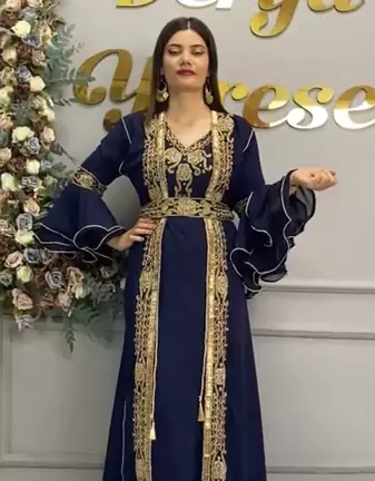 Navy Blue Moroccan Embroidered Stitched Kaftan with Handwork Heavy Golden Zari Work & Belt