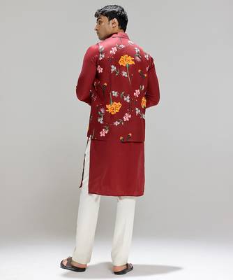 Red printed cotton silk Nehru jacket set 2